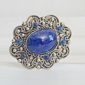 Czech glass filigree brooch pin imitation blue lapis lazuli cabochon silver tone